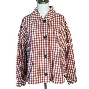 Levi's Woman's Cara Cotton Prep Jacket Size L Baked Clay Check Pattern NWT